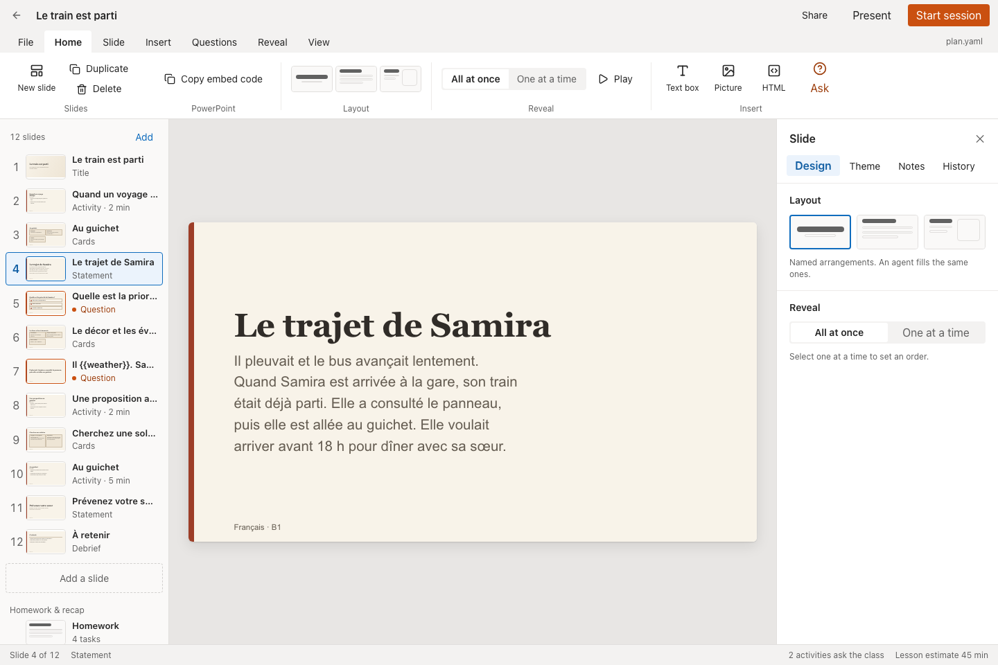 Deck editor showing the slide rail, reading slide, ribbon, and Design task pane