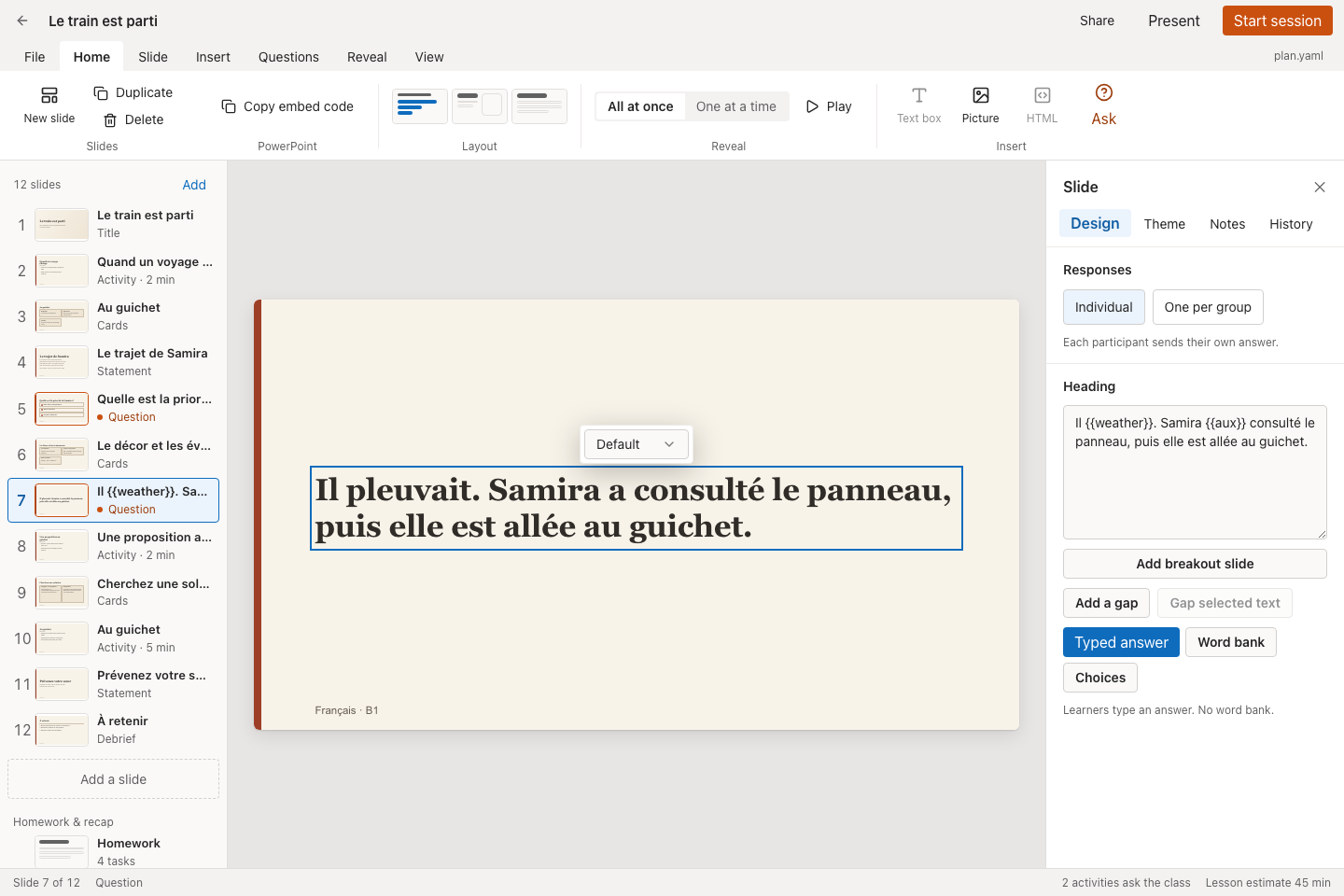 Selected gap-exercise prompt with text editing, gap creation, and response-style controls in the task pane