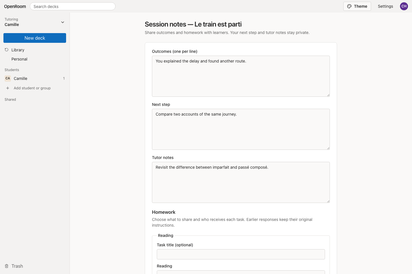 Session Notes form with shared outcomes, private next step and tutor notes, and the homework section